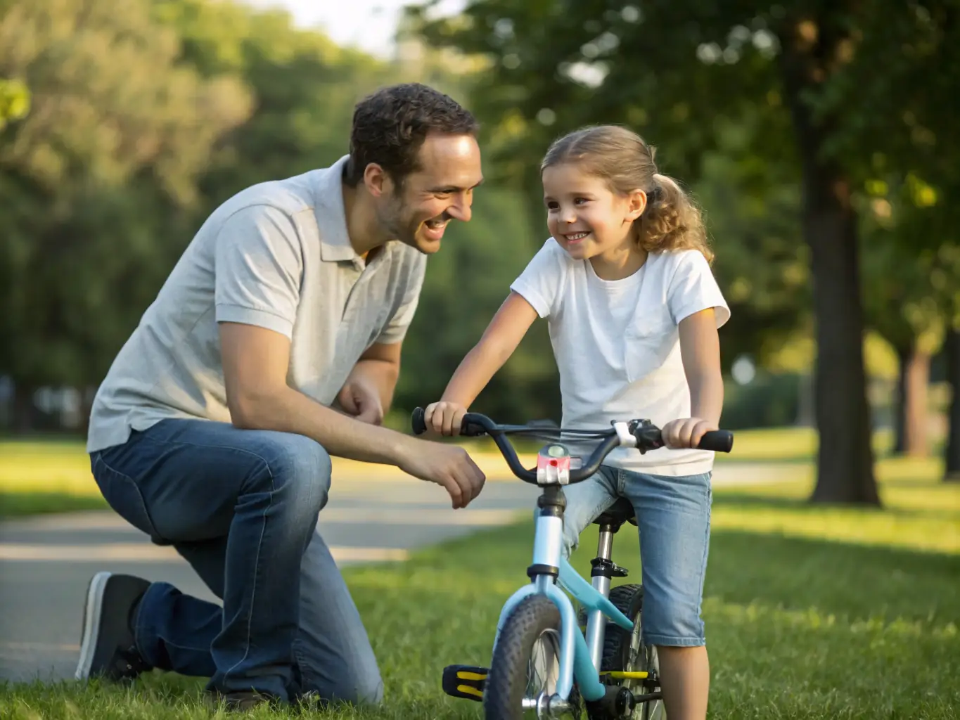 A group of cyclists of varying ages and skill levels participating in a beginner's cycling workshop in a park, with an instructor demonstrating proper cycling techniques.