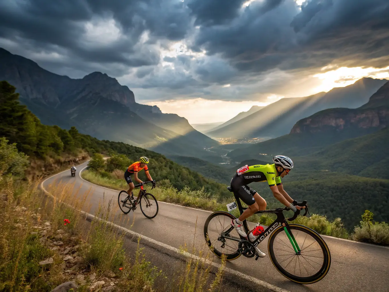 A dynamic image of cyclists participating in a competitive road cycling race, showcasing speed, teamwork, and determination.