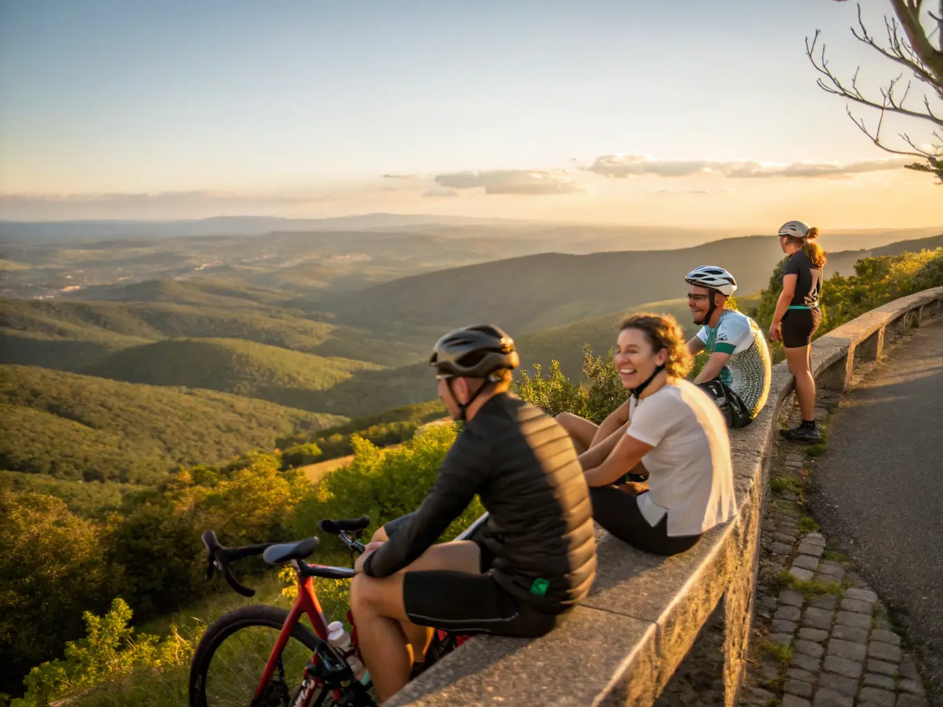 A photo of cyclists laughing and chatting during a break on a cycling tour, highlighting the social aspect of the club.