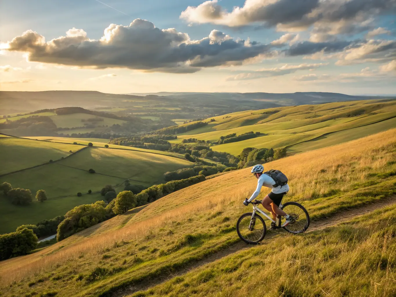 A cyclist smiling confidently as they reach the top of a hill, symbolizing personal achievement and improved fitness.