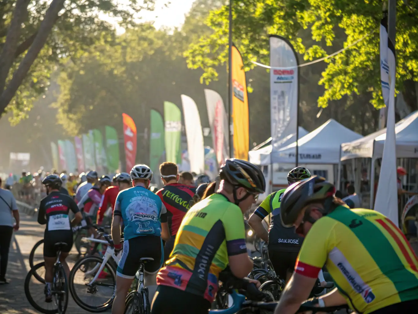 A dynamic shot of cyclists racing during a local competition organized by ENTENTE CYCLISTE BOURGES CHER, highlighting the competitive spirit and community involvement.